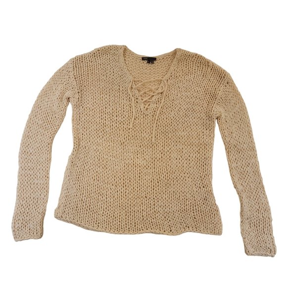 Vince Sweater Size Large Tan Shoelace Neck Hand Knit Chunky Open Cotton Airy - Picture 2 of 9